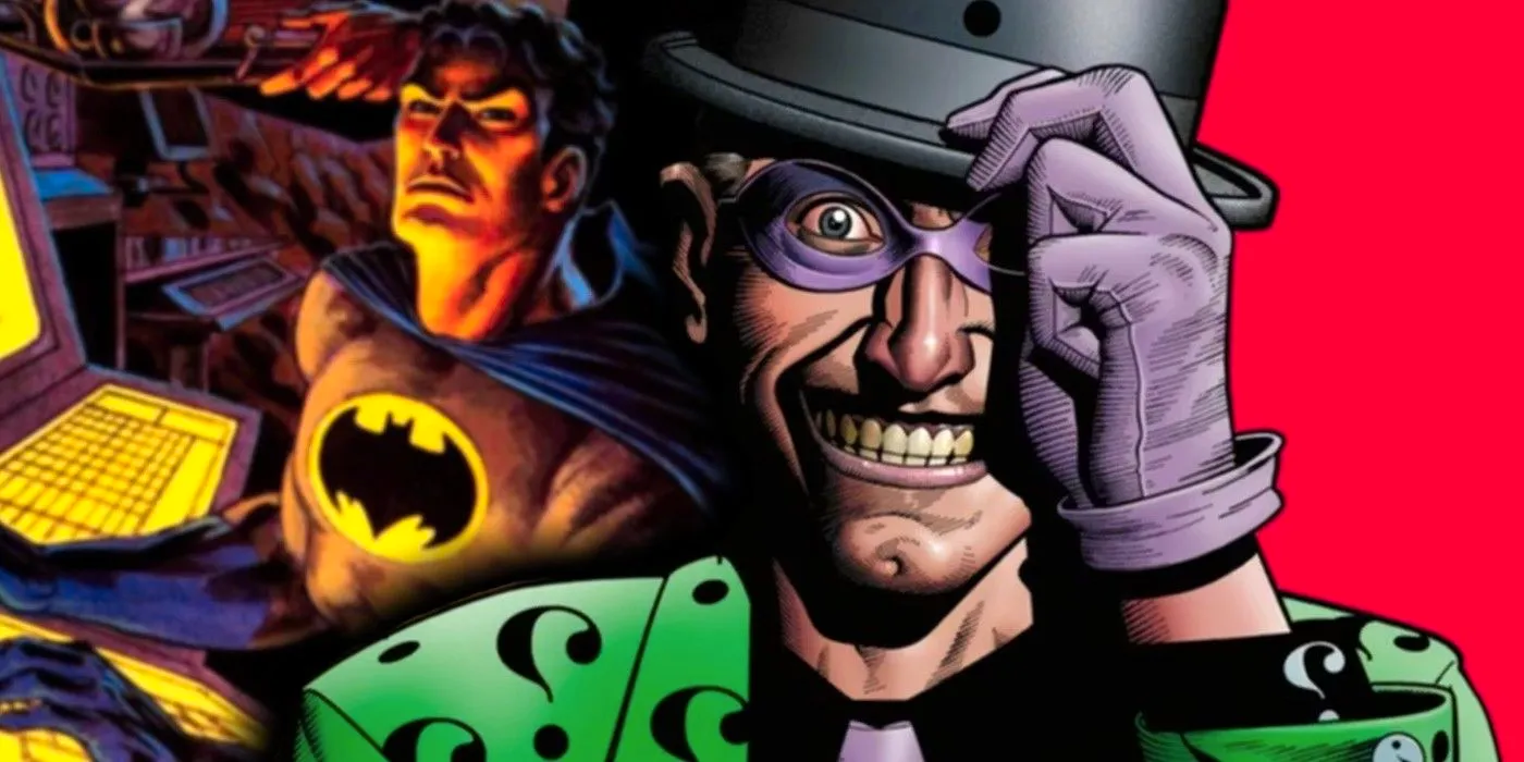 Featured Image:the Riddler (left) Batman in front of a computer (right) Image