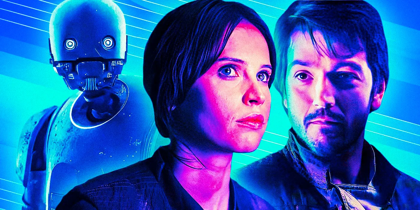 Felicity Jones as Jyn Erso, Diego Luna as Cassian Andor, and Alan Tudyk as K-2SO superimposed together in Rogue One: A Star Wars Story Image