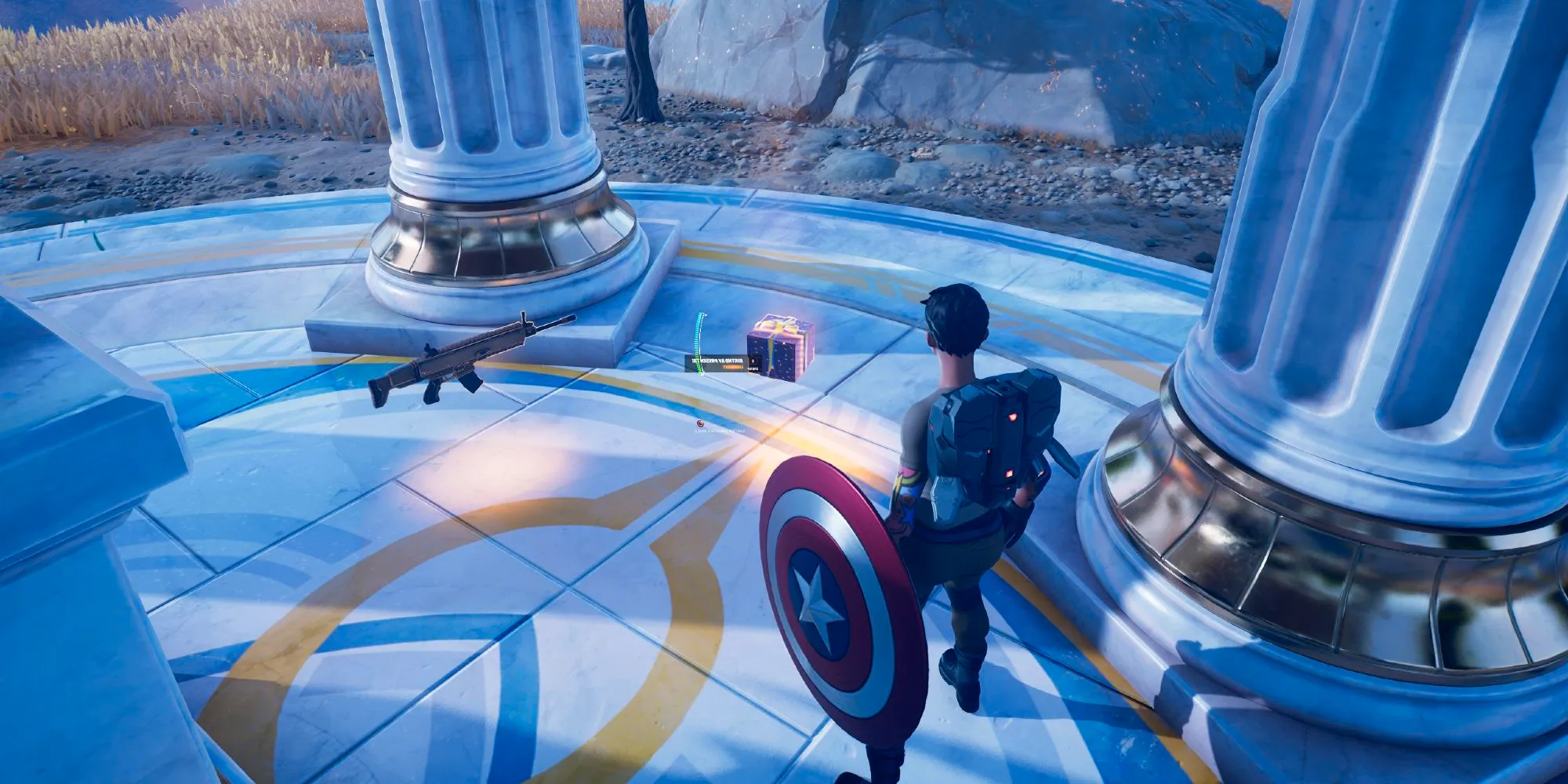 Female Character In Fortnite Holding Captain America's Shield And Preparing To Pick Up Legendary Birthday Present Item Image