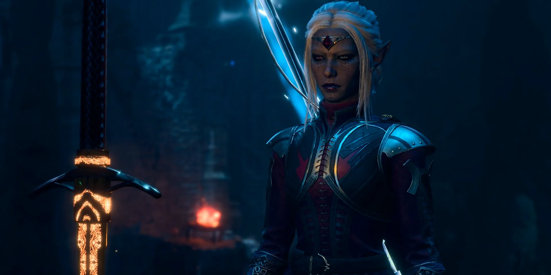 Female Drow Dark Urge inspects a sword in the Underdark in Baldur's Gate 3 Image