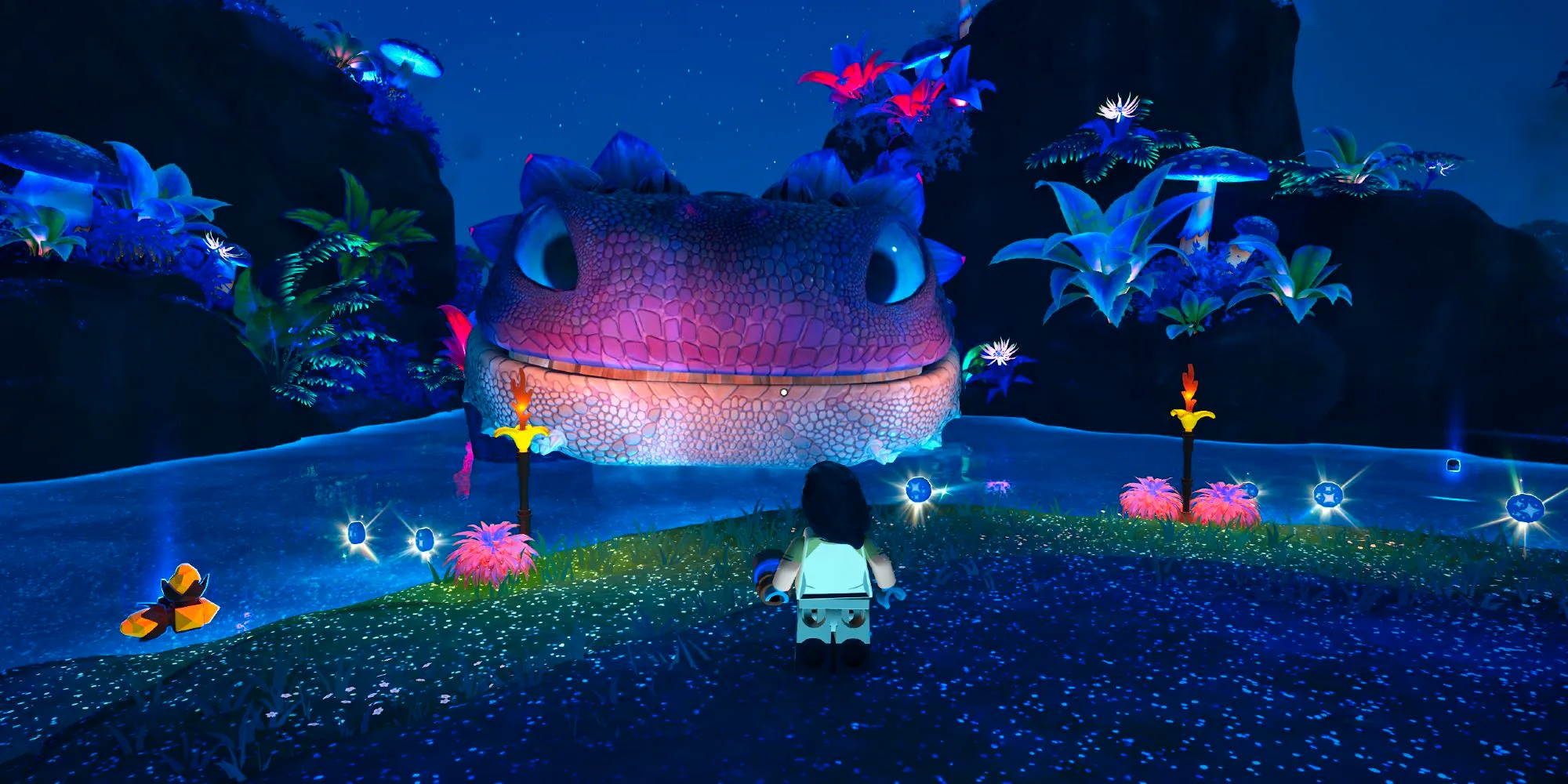 Female Minifigure Approaching Giant Klombo And Collecting Essence In Illuminated Lake At Night In LEGO Fortnite Image