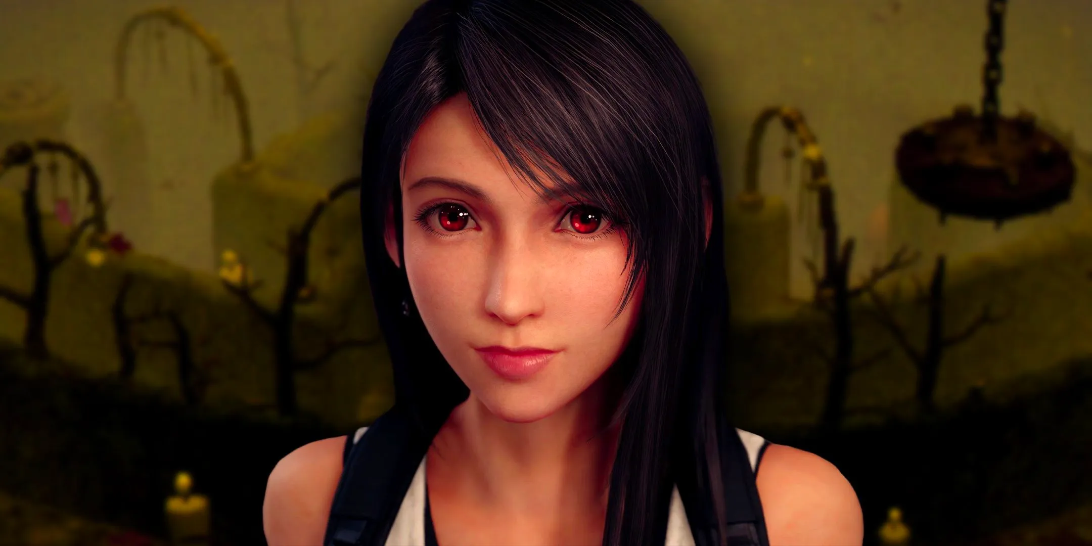 FF7's Tifa Lockhart in front of a hedge maze from the indie horror game Crow Country. Image