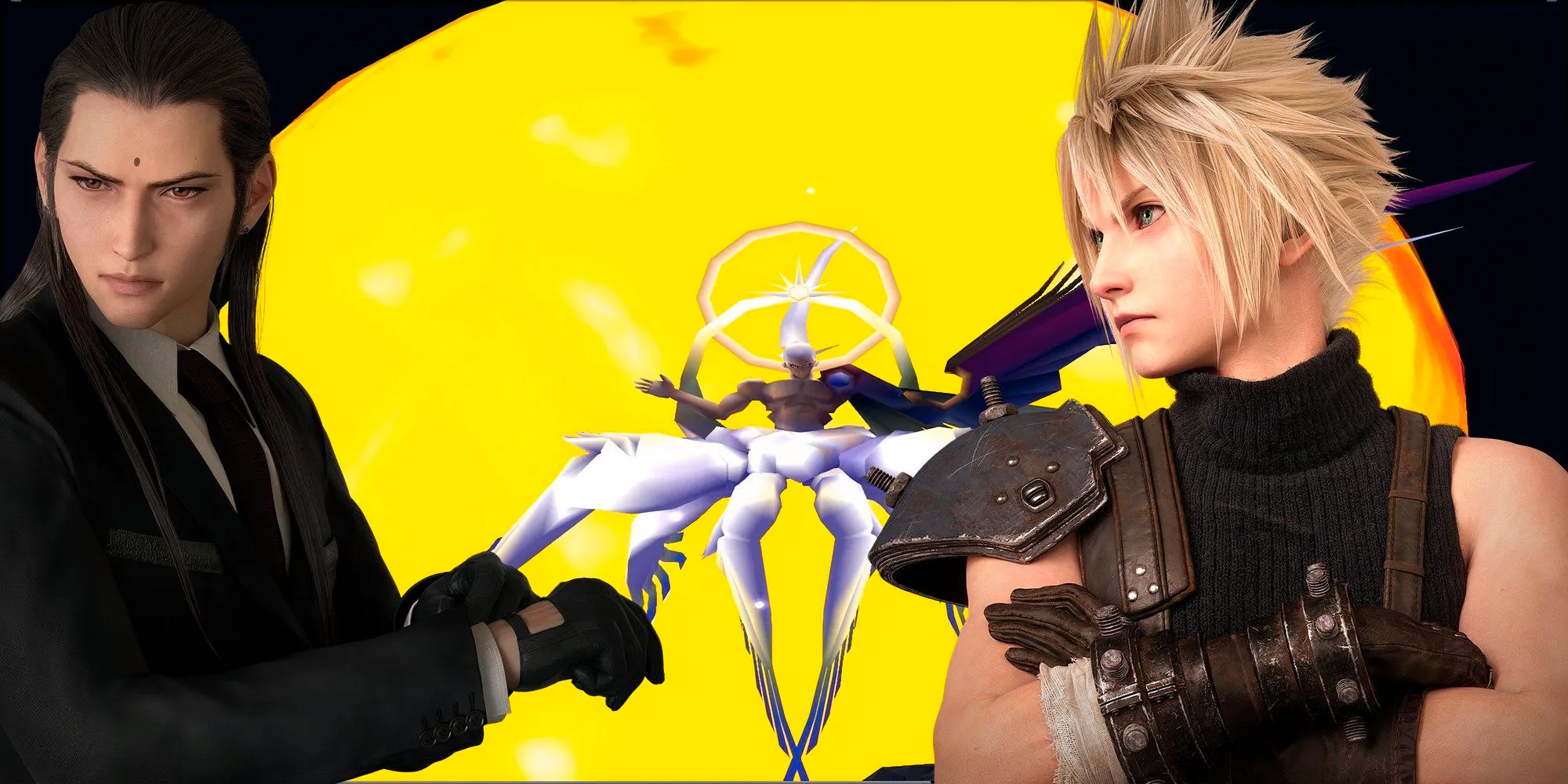 Final Fantasy 7 Cloud Strife and Tseng in front of Safer Sephiroth Image