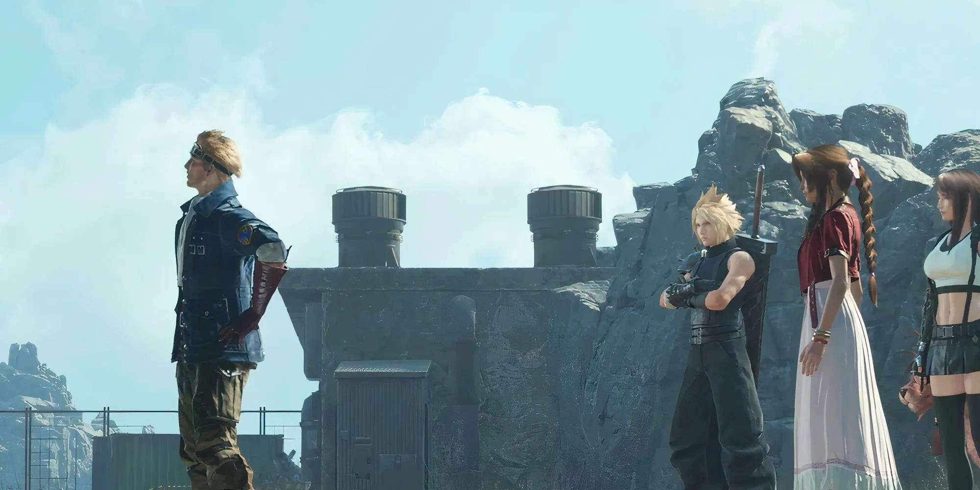 Final Fantasy 7 Rebirth Cid Highwind conversing with Cloud Strife, Tifa Lockhart and Aerith Gainsborough Image