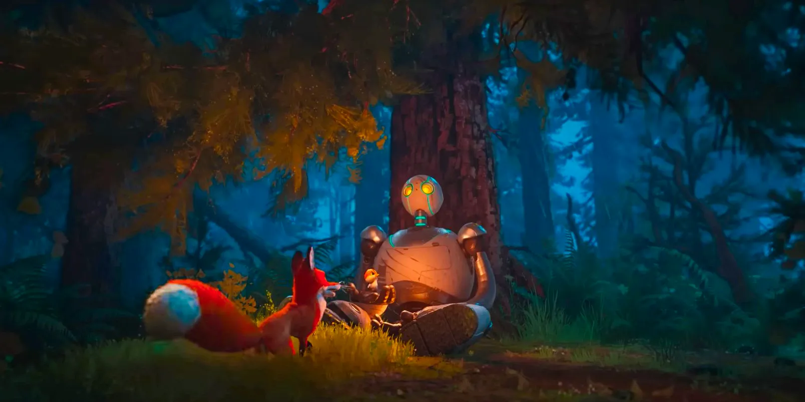 Fink and baby Brightbill talking with Roz at a campfire in The Wild Robot Image