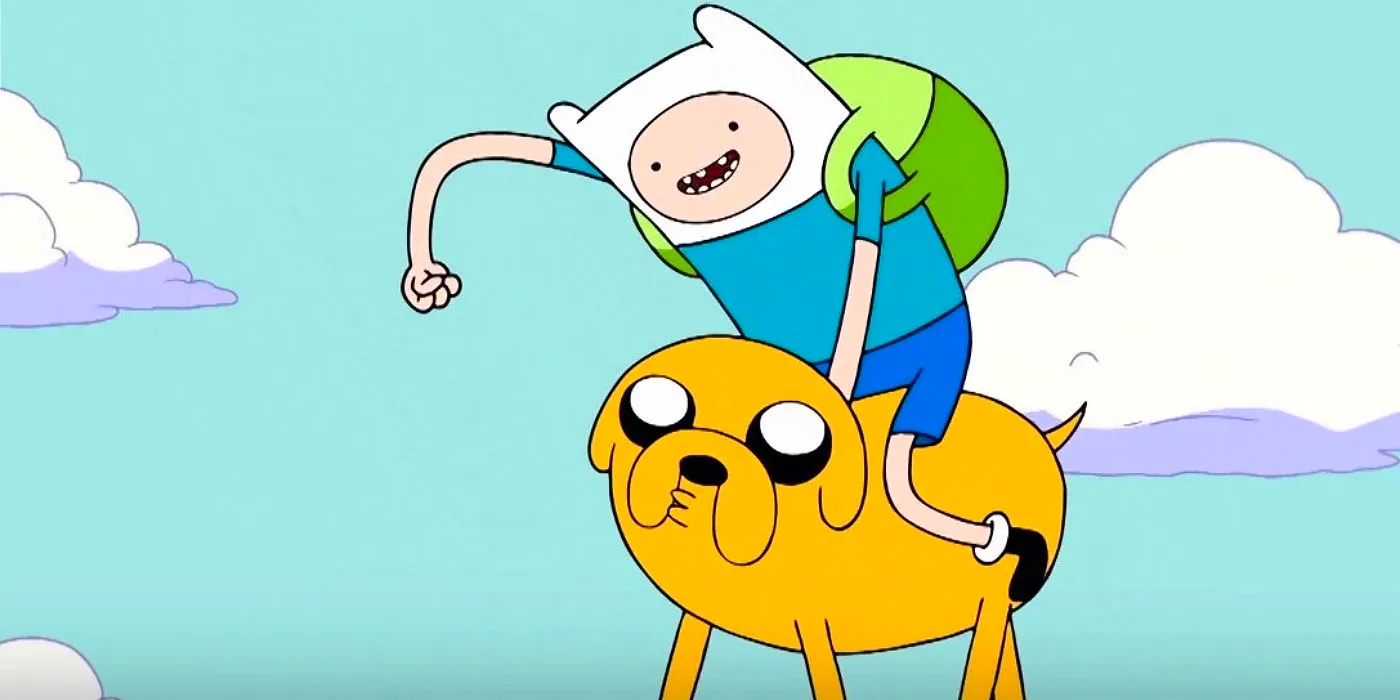 Finn riding on Jake's back in Adventure Time. Image