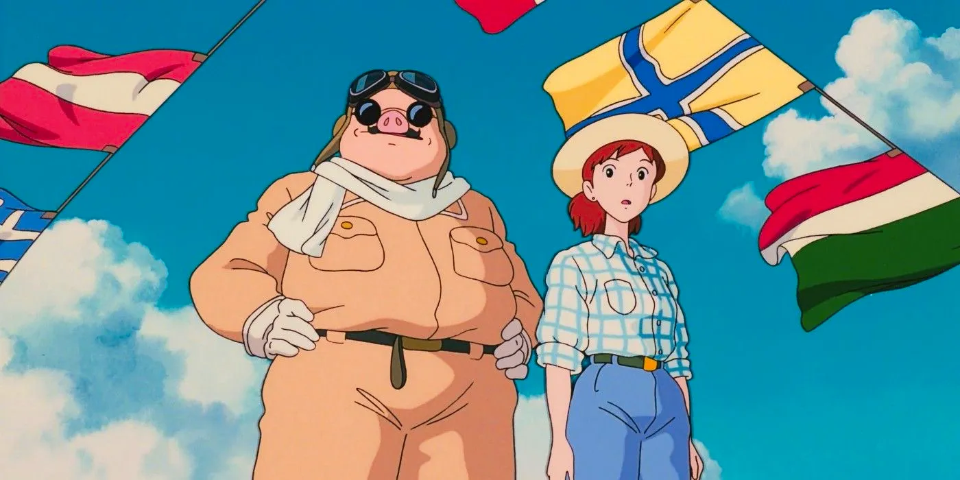 Fio Piccolo and Porco Rosso standing next to each other in front of flying flags.  Image