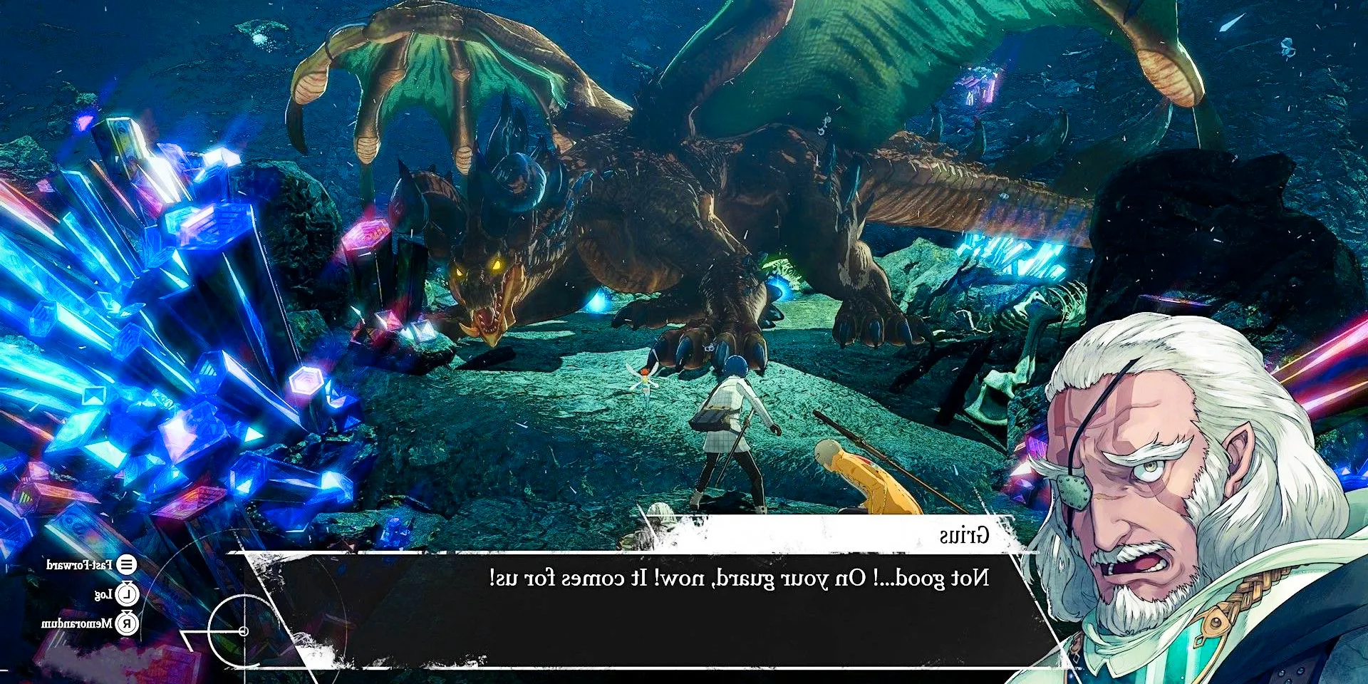 Fire Dragon Mauna leers at the camera while a dialogue box from Grius appears in a screenshot from Metaphor ReFantazio. Grius' captions read, _Not good! On your guard now, it comes for us!_ Image