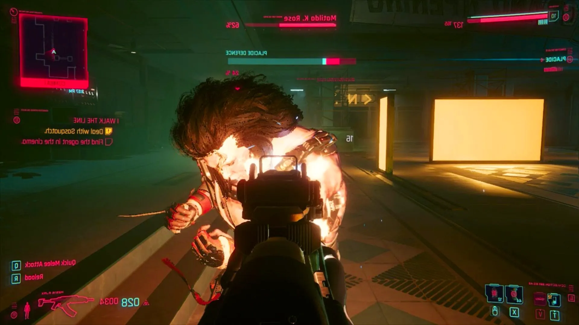 First-person perspective of holding a rifle and shooting Sasquatch in Cyberpunk 2077 Image