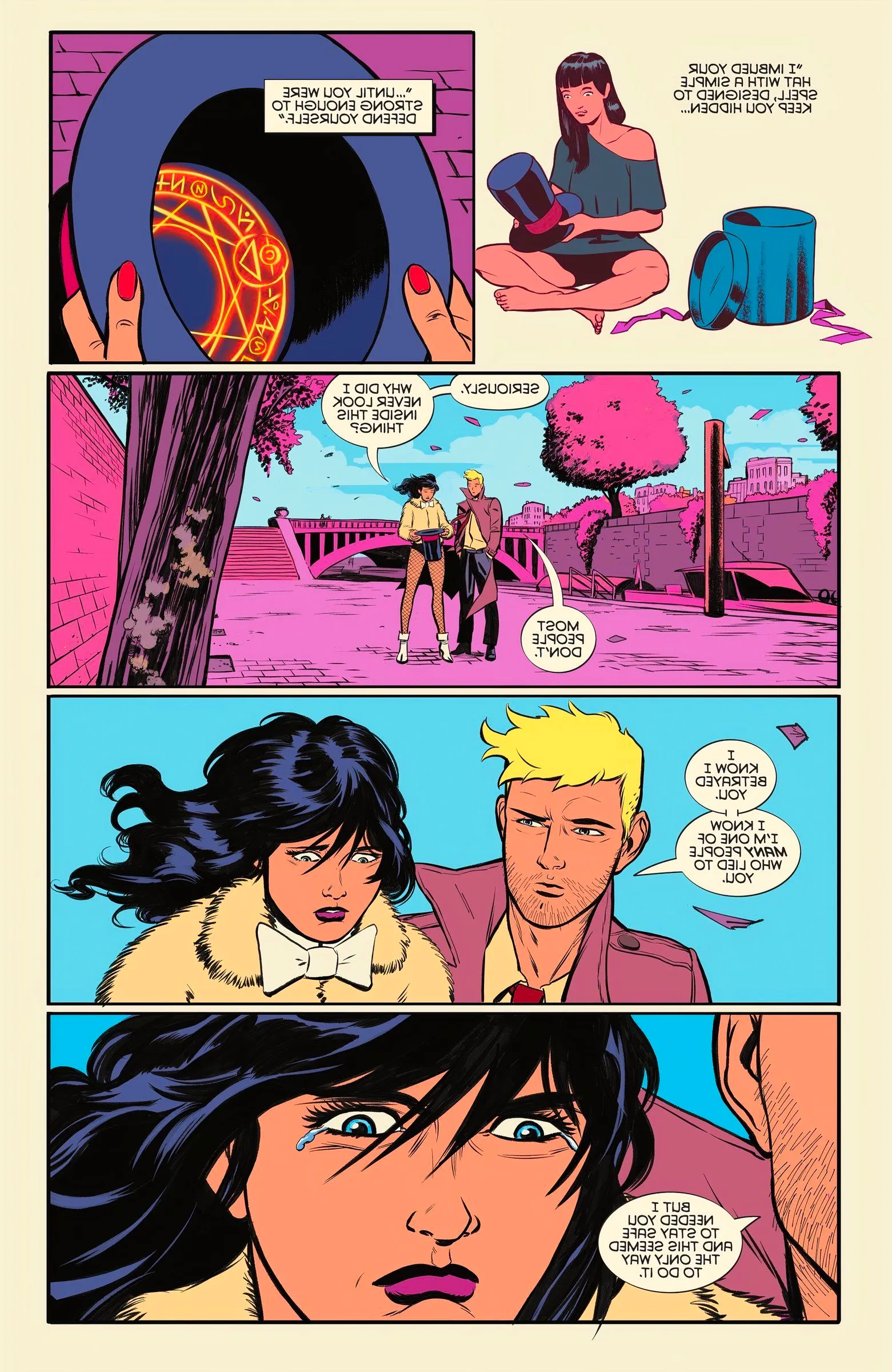 Five panels of John Constantine explaining to Zatanna her hat is magical Image