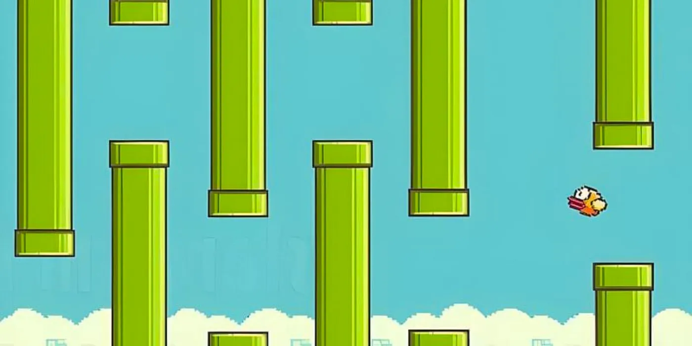 Flappy Bird flying through a series of green pipes Image