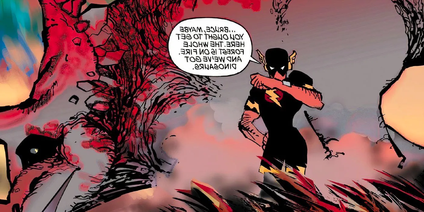 Flash standing next to a dinosaur and communicating with Batman on his wrist thing Image