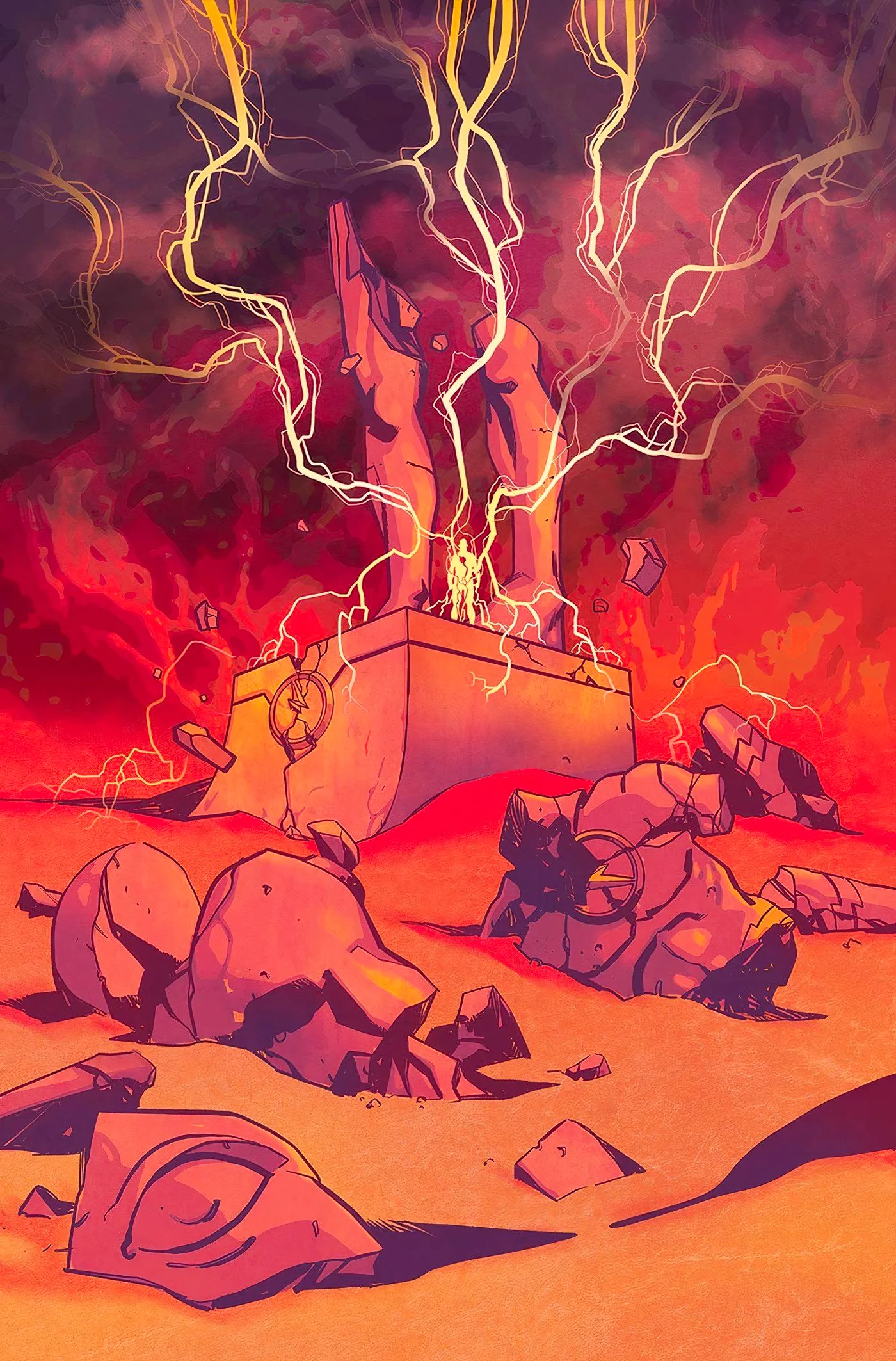 Flash stands on a crumbling pedestal beneath a fiery orange sky, sparking with lightning, as the broken pieces of a Flash statue lay on the ground around him Image