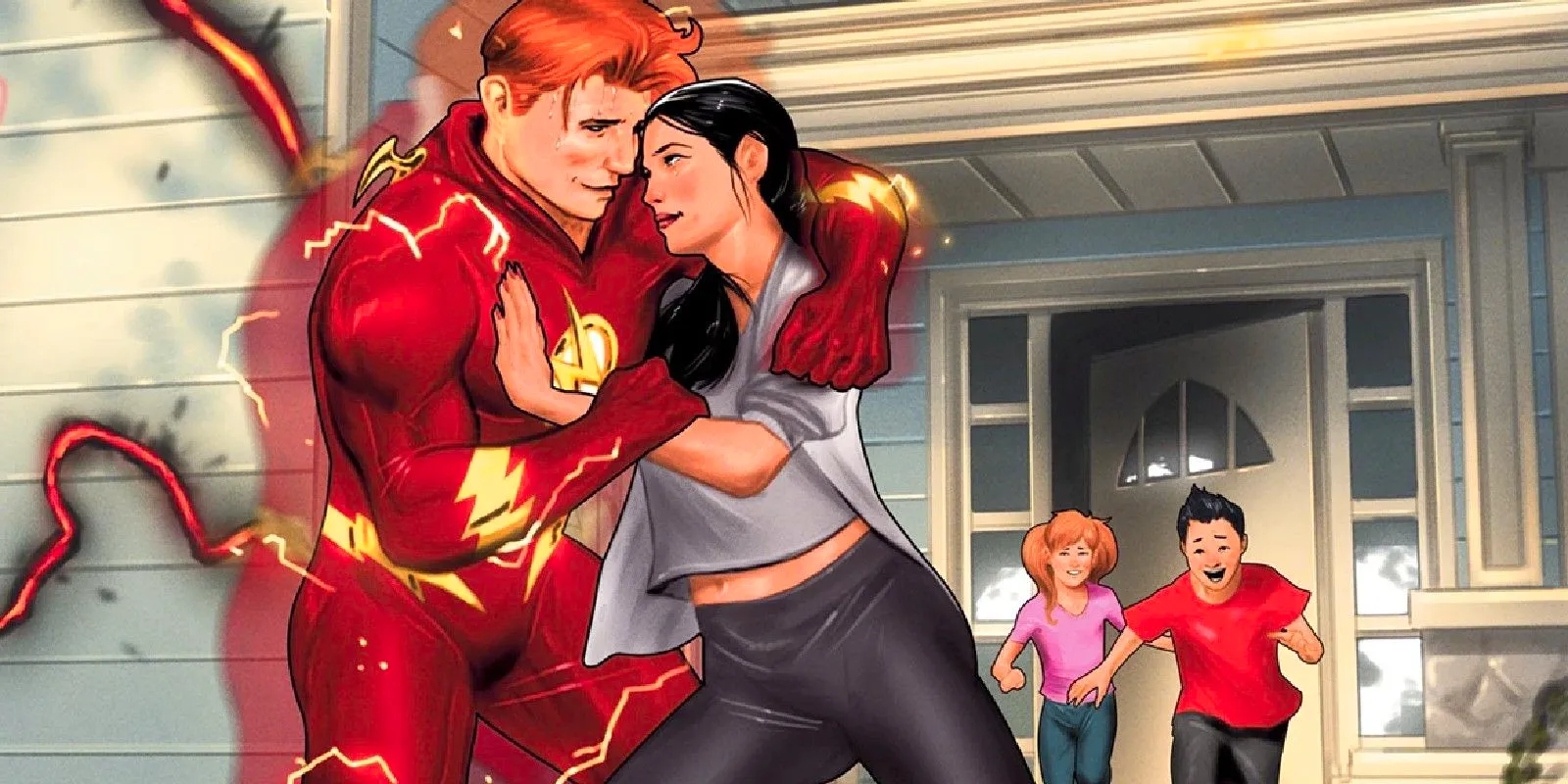 Flash Wally West Hugging Linda Park with Kids in Background Image