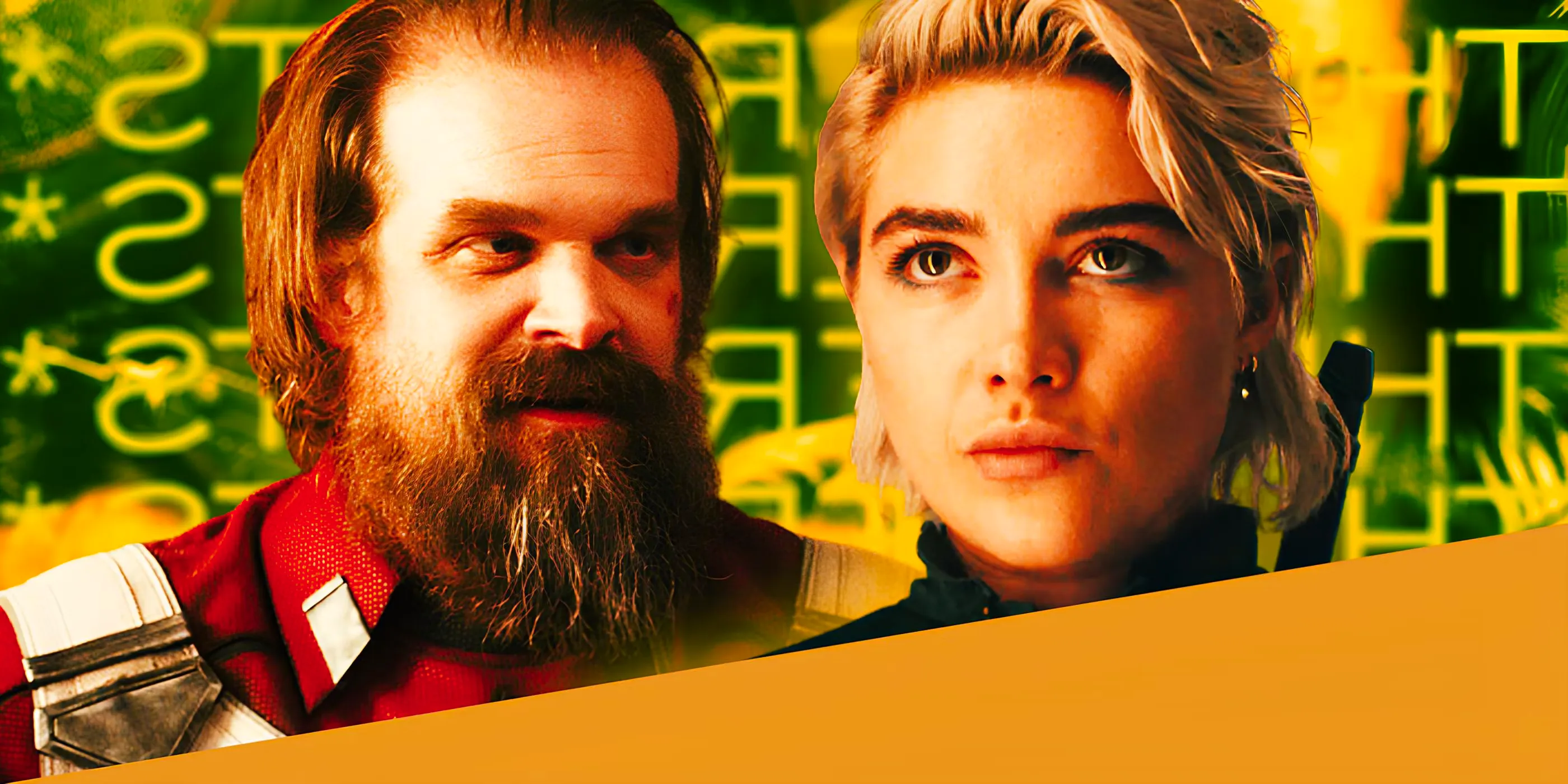 Florence Pugh as Yelena Belova and David Harbour as Red Guardian in Front of the Thunderbolts Logo Image