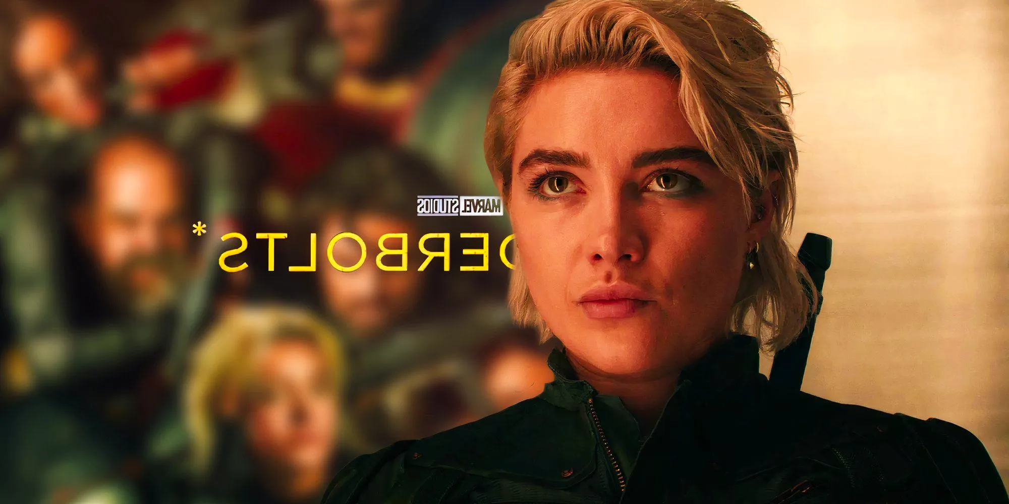 Florence Pugh as Yelena in Thunderbolts* (2025) next to the film's poster and logo highlighting the asterisk Image