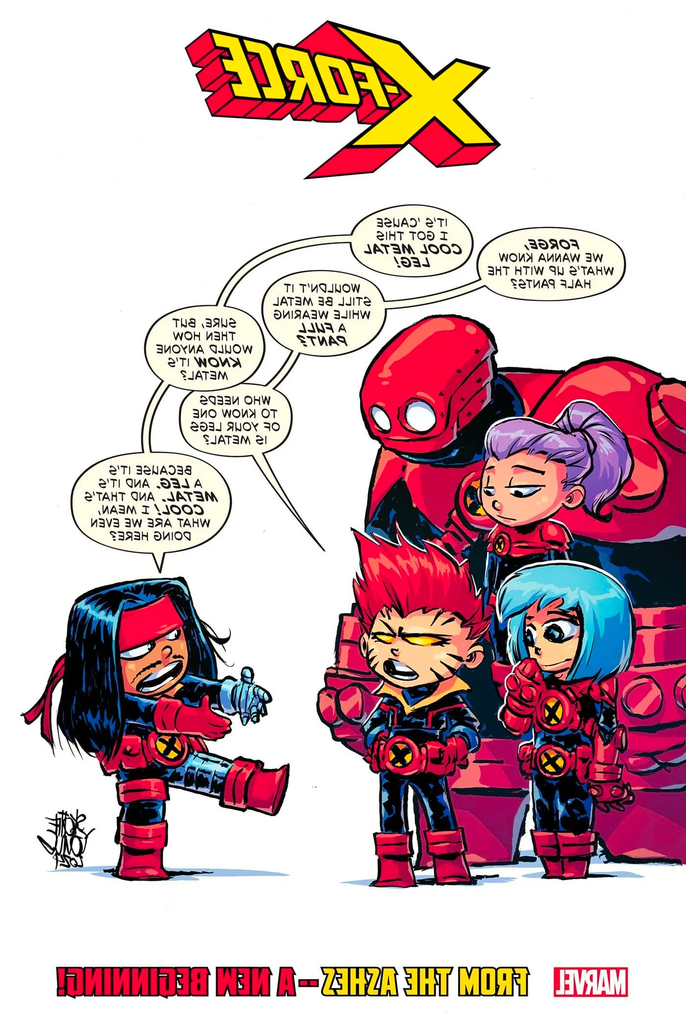 Forge discusses his cool leg with his X-Force teammates on Skottie Young variant cover for X-Force #1 Image