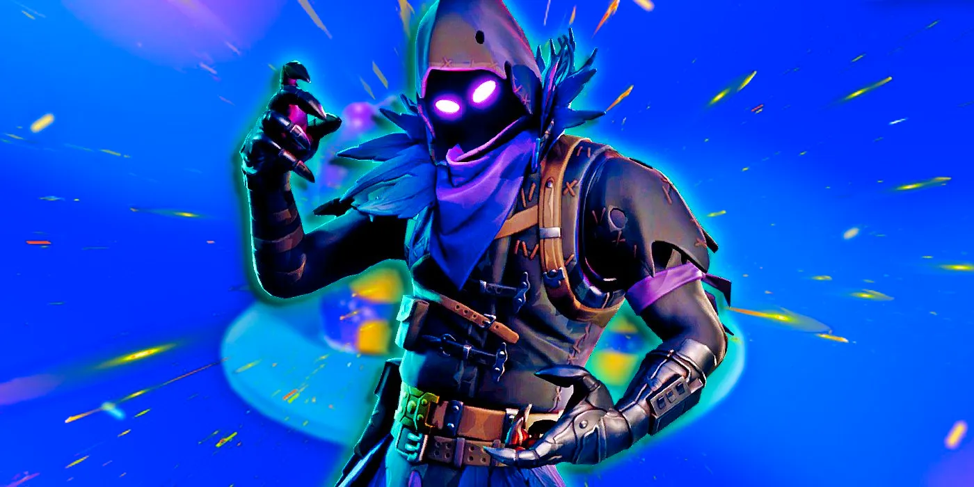 Fortnite's Raven skin poses in front of a slice of anniversary cake. Image