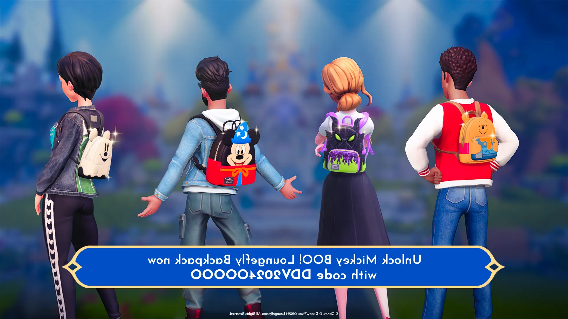 Four in-game Characters in Disney Dreamlight Valley standing in a line with four different Loungefly backpacks including Mickey mouse, Zero, Winnie the Pooh and Maleficent  Image