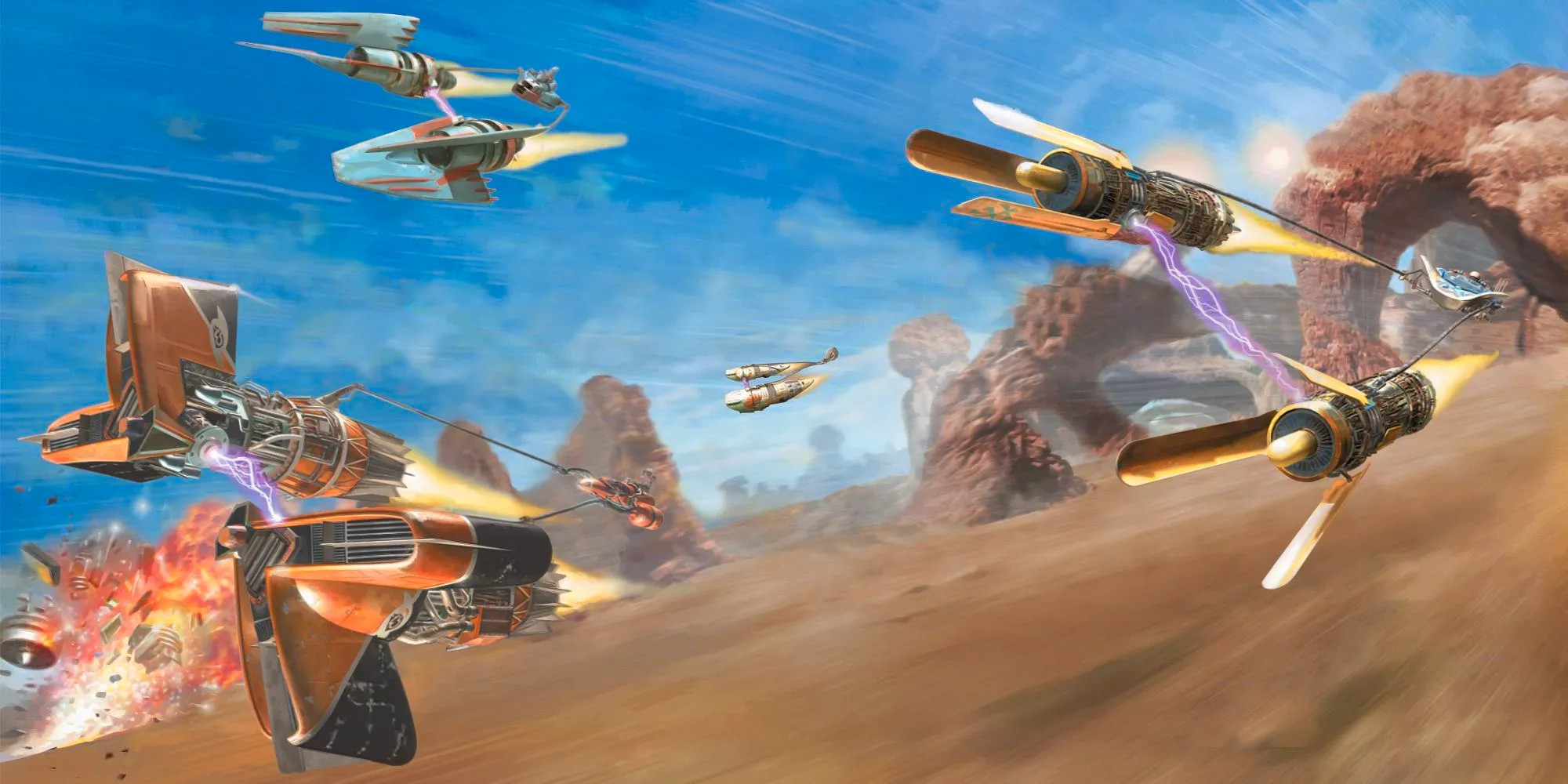 Four podracers from Star Wars competing on a desert track. A fifth vehicle has crashed and is exploding on the ground below the others. Image