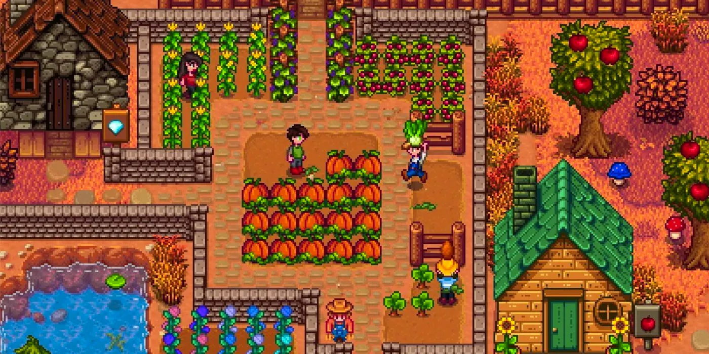 Four Stardew Valley players diligently working on the farm Image