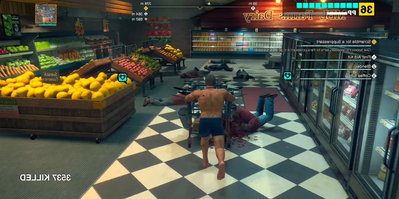 Frank West plowing over zombies with a shopping cart in Dead Rising Deluxe Remaster Image