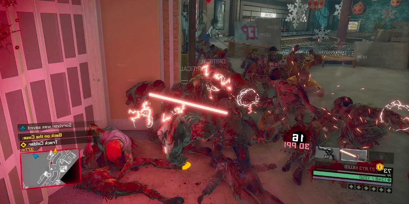 Frank West using a glowing red laser sword to take down zombies in Dead Rising Deluxe Remaster Image