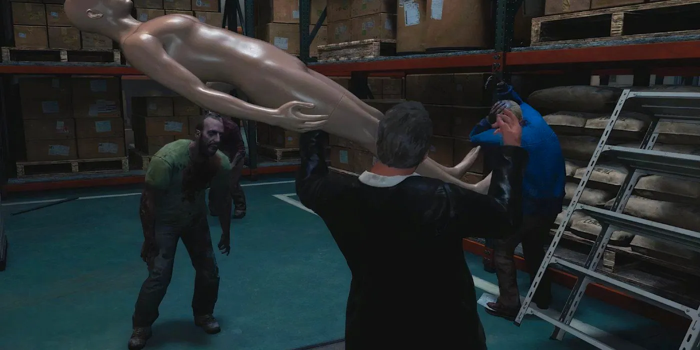 Frank West using a mannequin to beat zombies to death in Dead Rising Deluxe Remaster Image