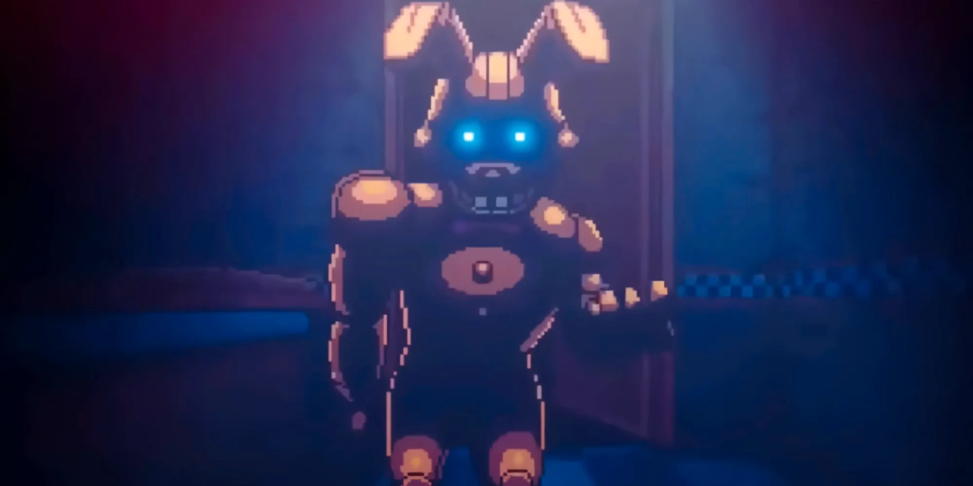 Freddy Fazbear from FNAF: Into the Pit, with glowing blue eyes, standing under a bright light. Image