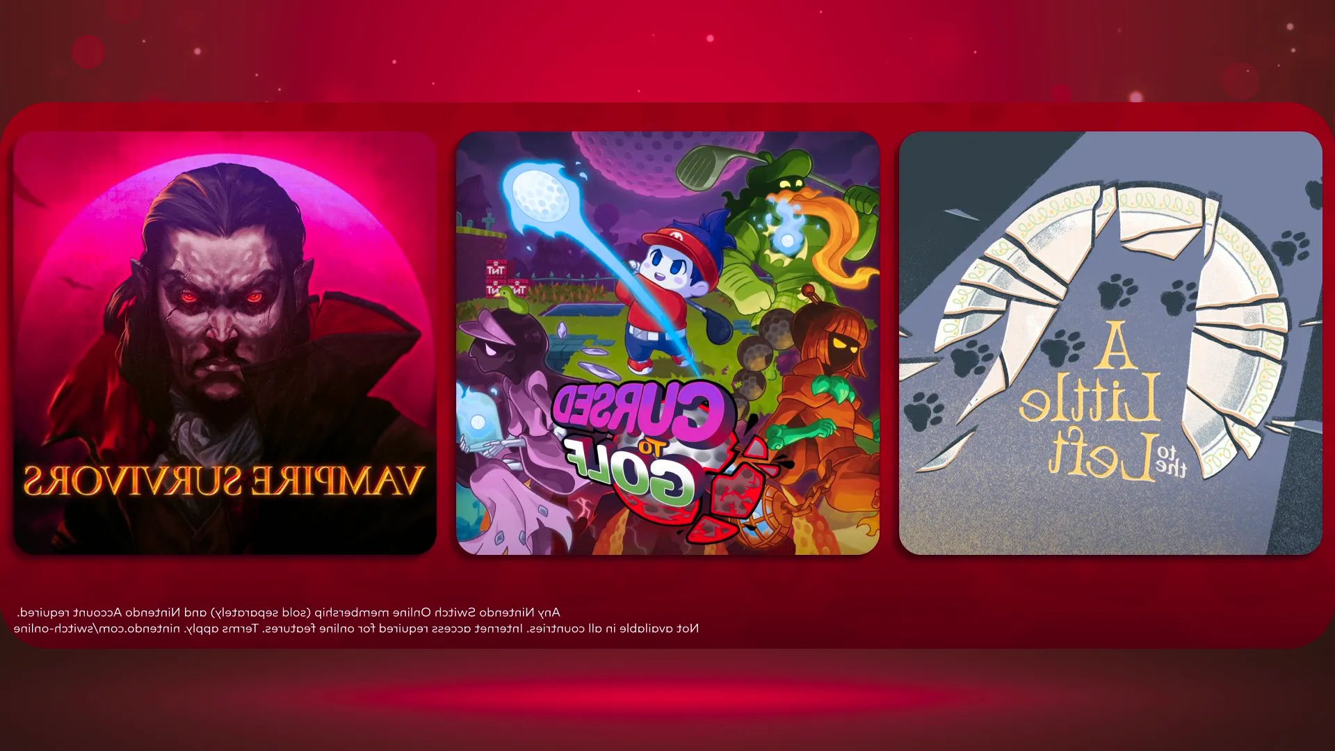 Free Switch Titles This Week On Nintendo Switch Online, showing A Little To The Left, Cursed To Gold, and Vampire Survivors as the free titles.  Image