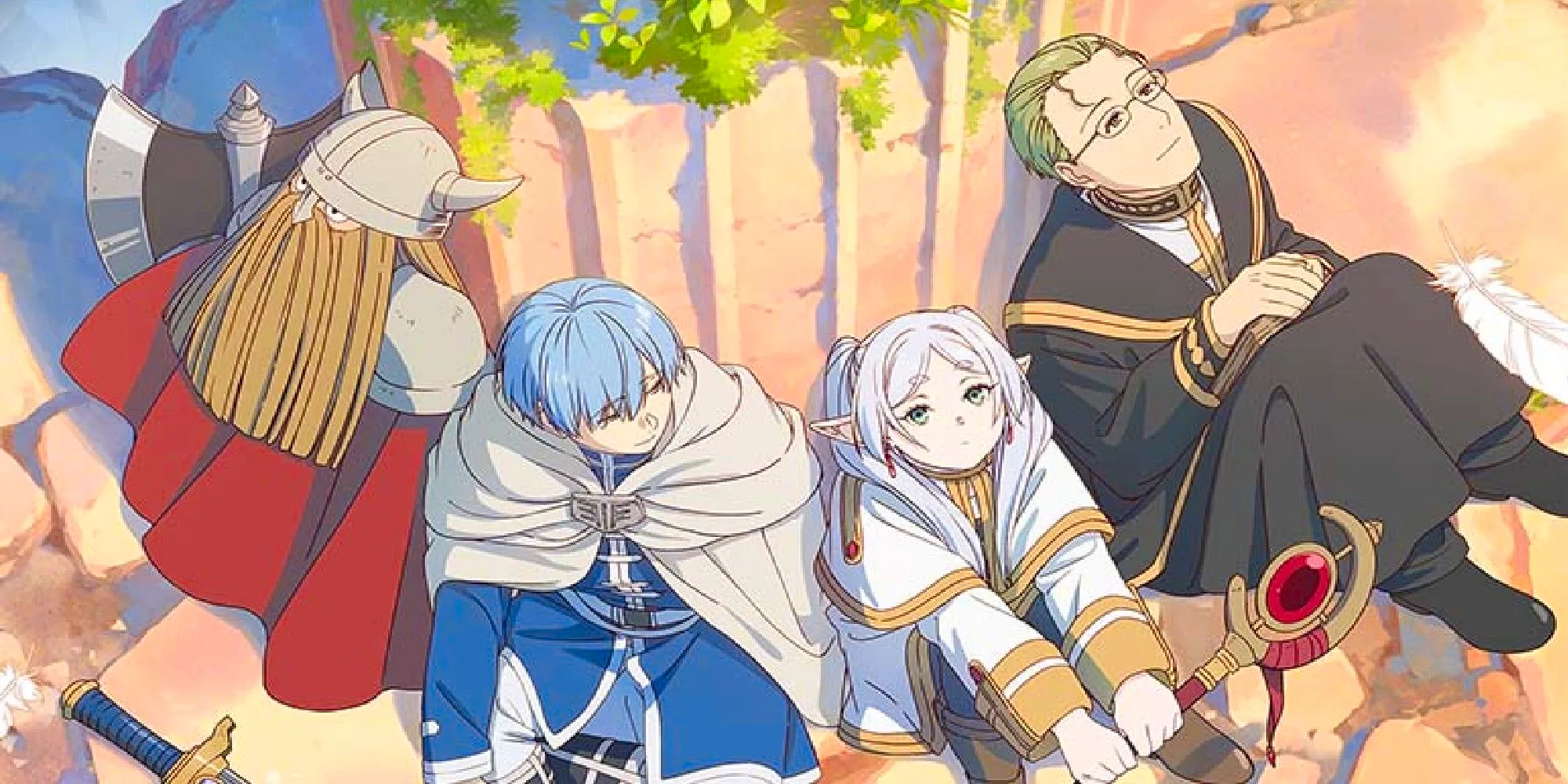  Frieren, Himmel, Eisen and Heiter leaning on a rock in an official visual from the Frieren anime adaptation, with Himmel looking directly at Frieren while the other look toward the sky. Image