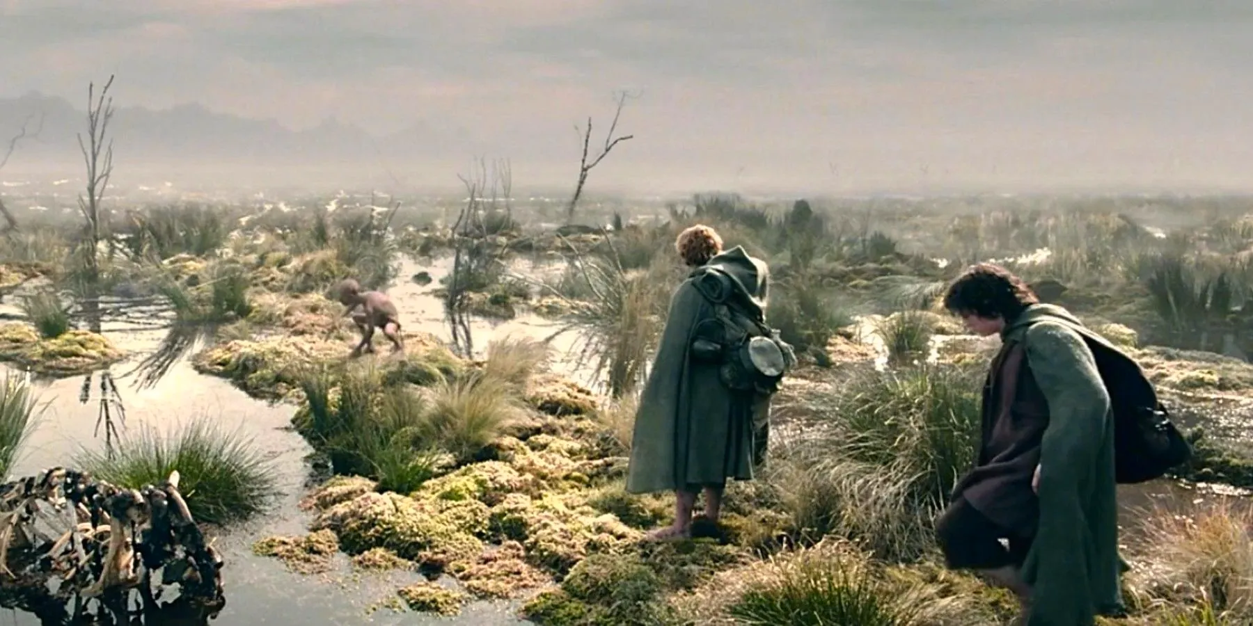 Frodo, Sam, and Gollum walking through the Dead Marshes in The Lord of the Rings  Image