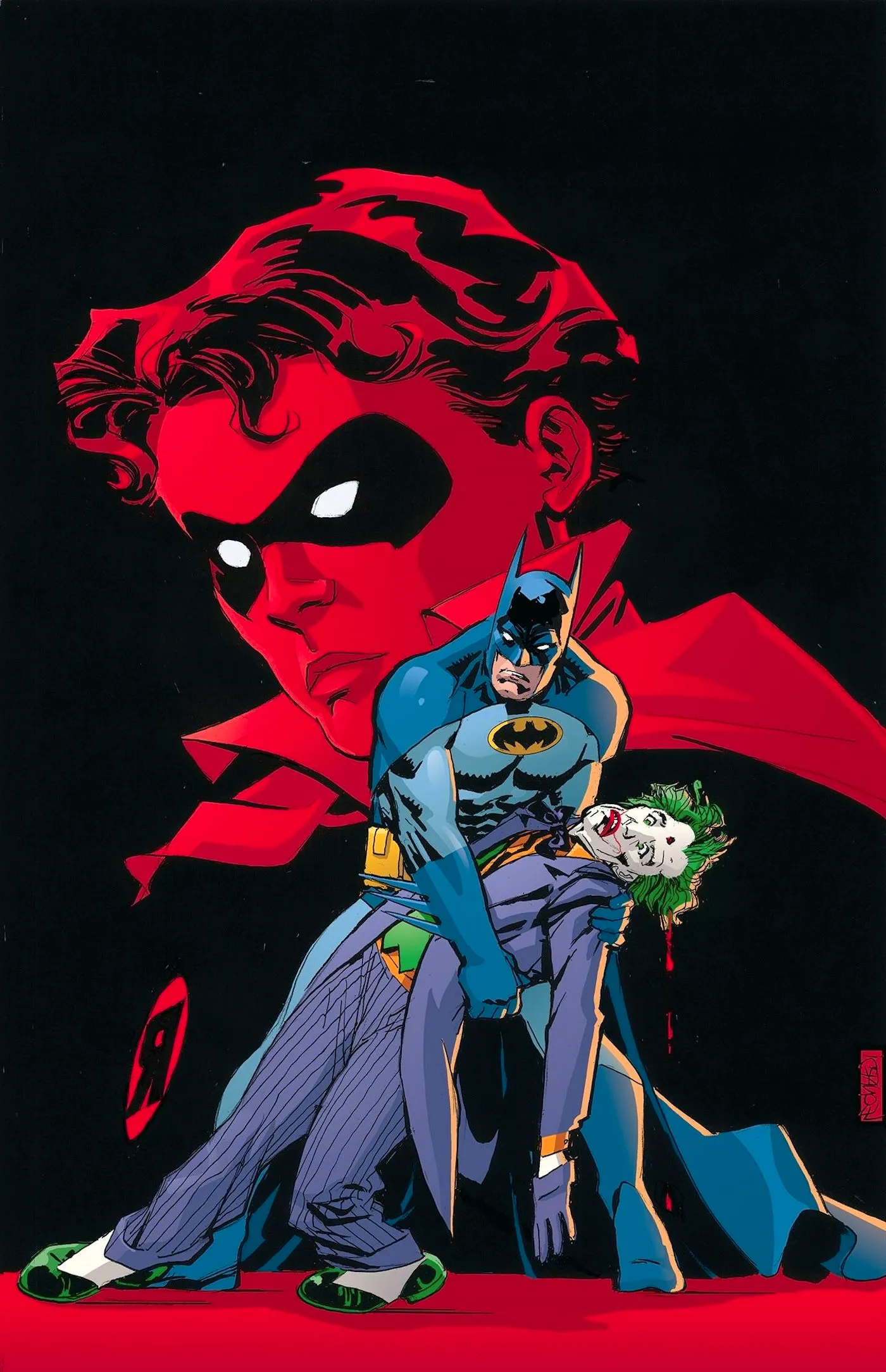 From the DC Vault Death in the Family Robin Lives 1 Main Cover Solicits: Batman holing Joker with a black and red image of Jason Todd's Robin behind them. Image