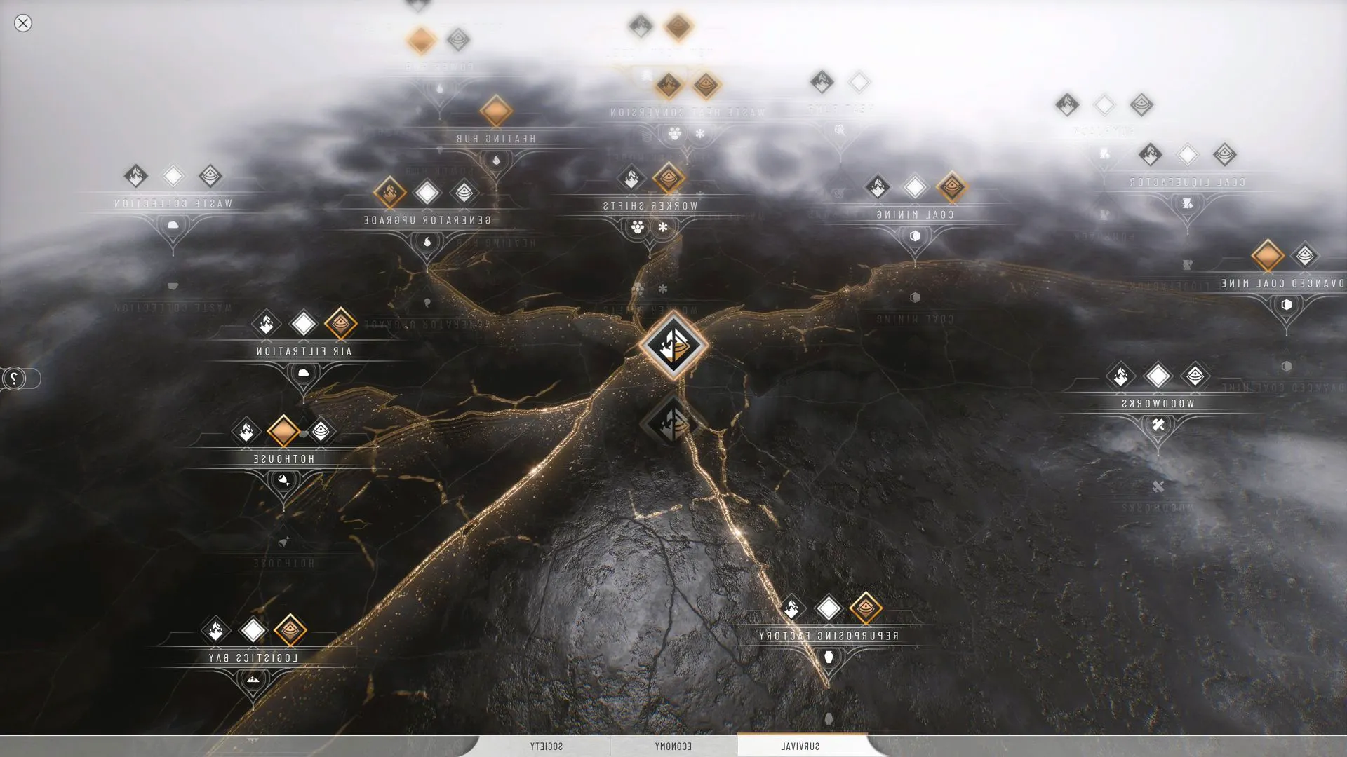 Frostpunk 2 Research Tree showing several gold glowing paths of topics that have been researched like Worker Shifts and Generator Upgrades. Image