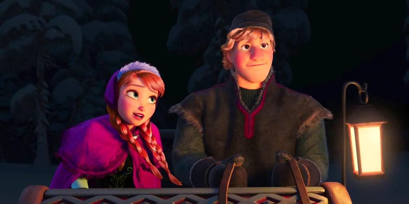 Frozen Kristoff and Anna talking while riding in a sled in Frozen Image