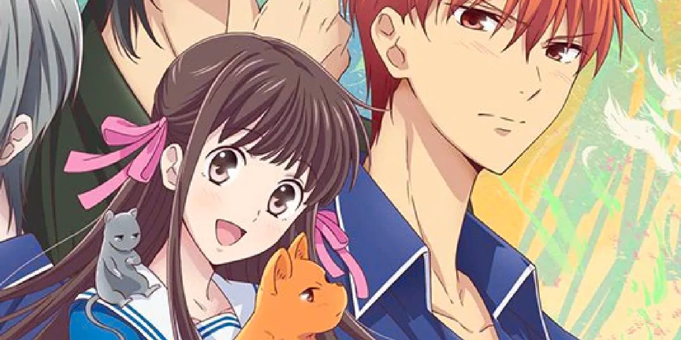 Fruits Basket's Tohru smiles and holds cat kyo while real Kyo looks annoyed. Image