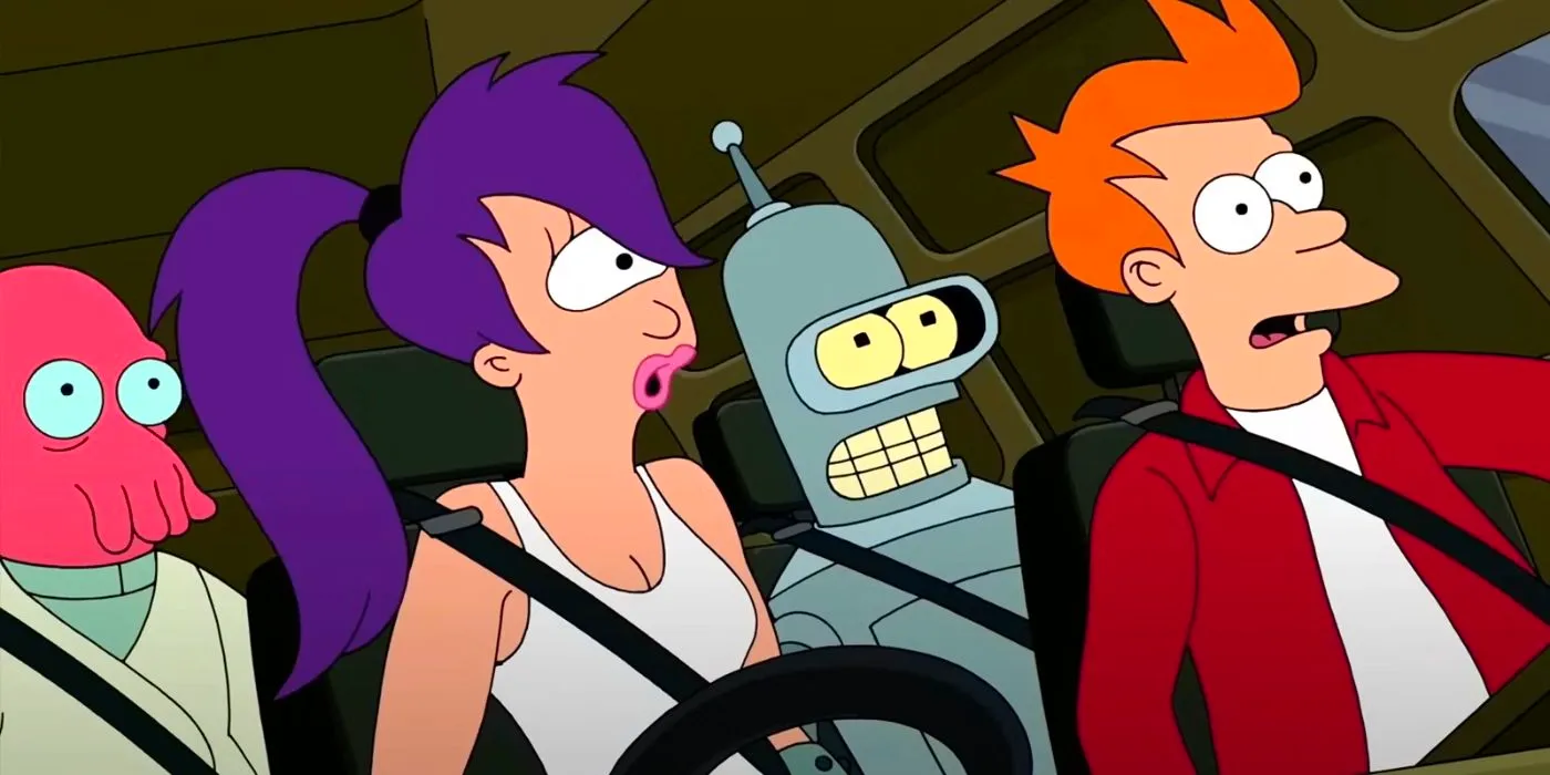 Fry, Bender, Leela, Zoidberg in a car looking panicked in Futurama Image