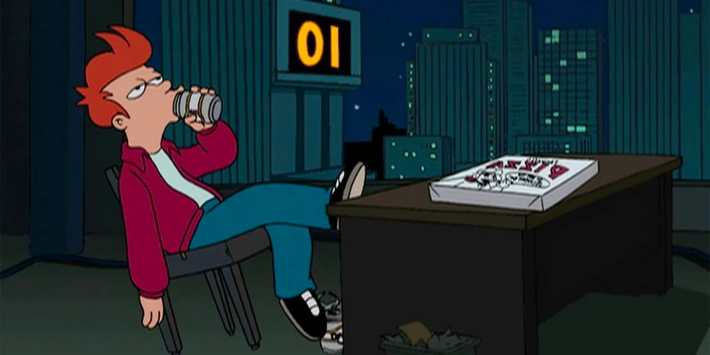 Fry drinking a beer during the New Years countdown in the Futurama pilot Image