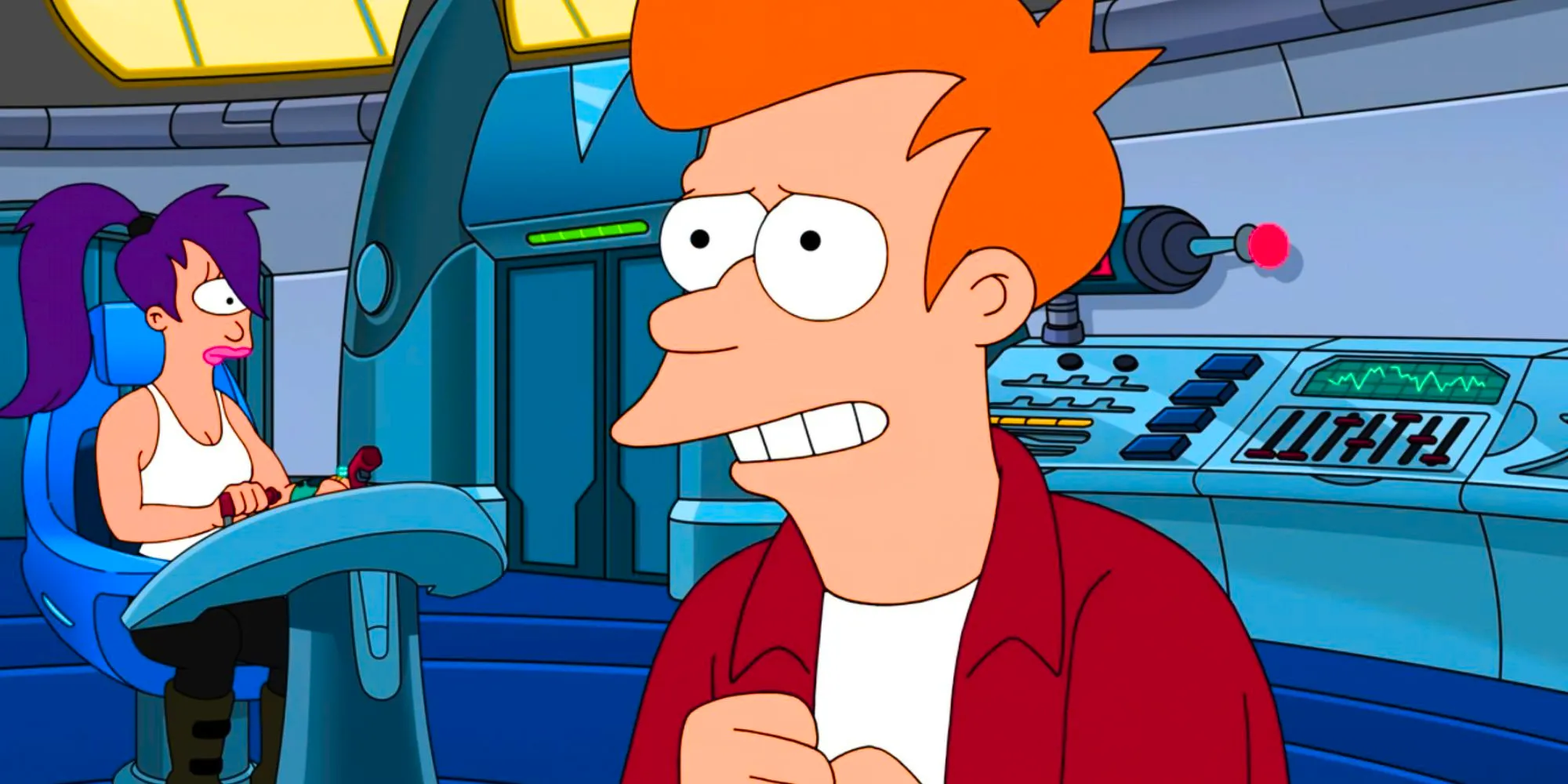 Fry looking worried in Futurama while Leela watches him from the background Image