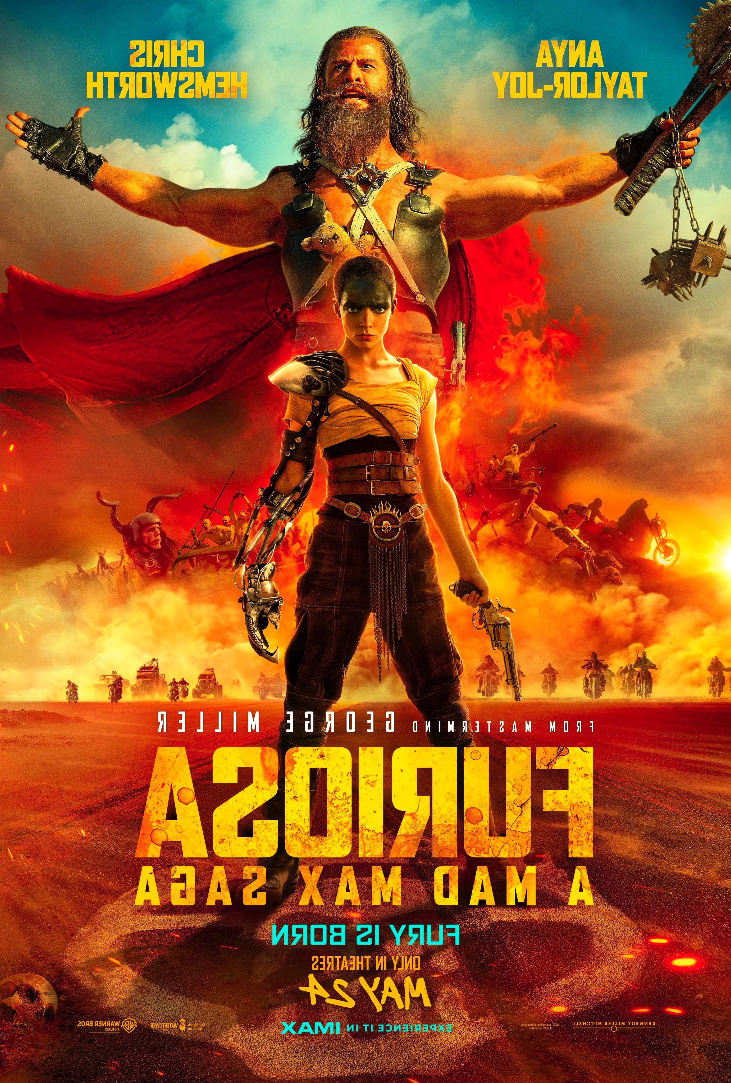 Furiosa A Mad Max Saga Poster Showing Anya Taylor Joy as Furiosa and Chris Hemsworth Standing in Front of a Motorcycle Gang Image