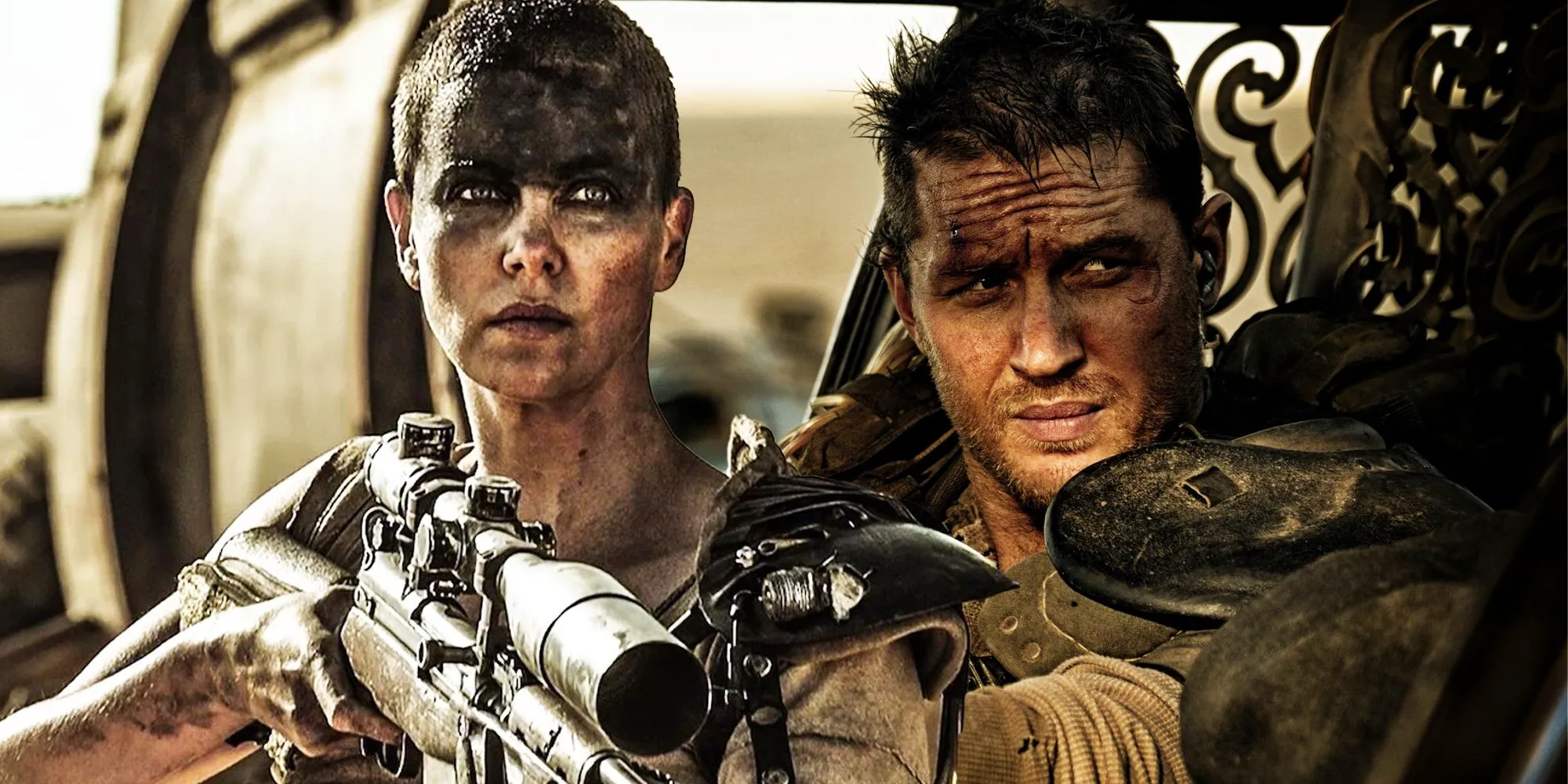 Furiosa and Max sitting in a car in Mad Max: Fury Road Image