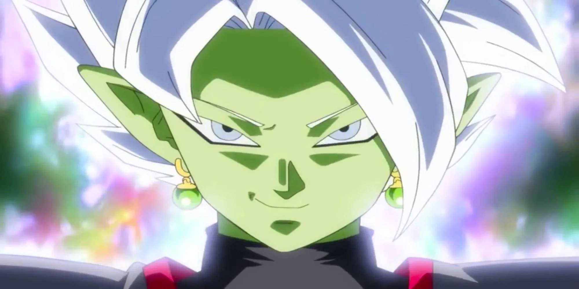 Fused Zamasu in their Super Saiyan white form in Dragon Ball Super as they look forward. Image