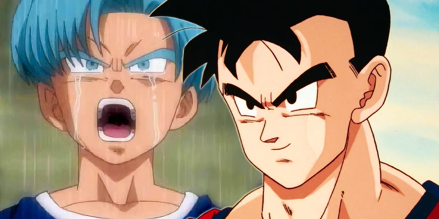 Future Gohan smiling to the left and Future Kid Trunks screaming in the rain to the right Image