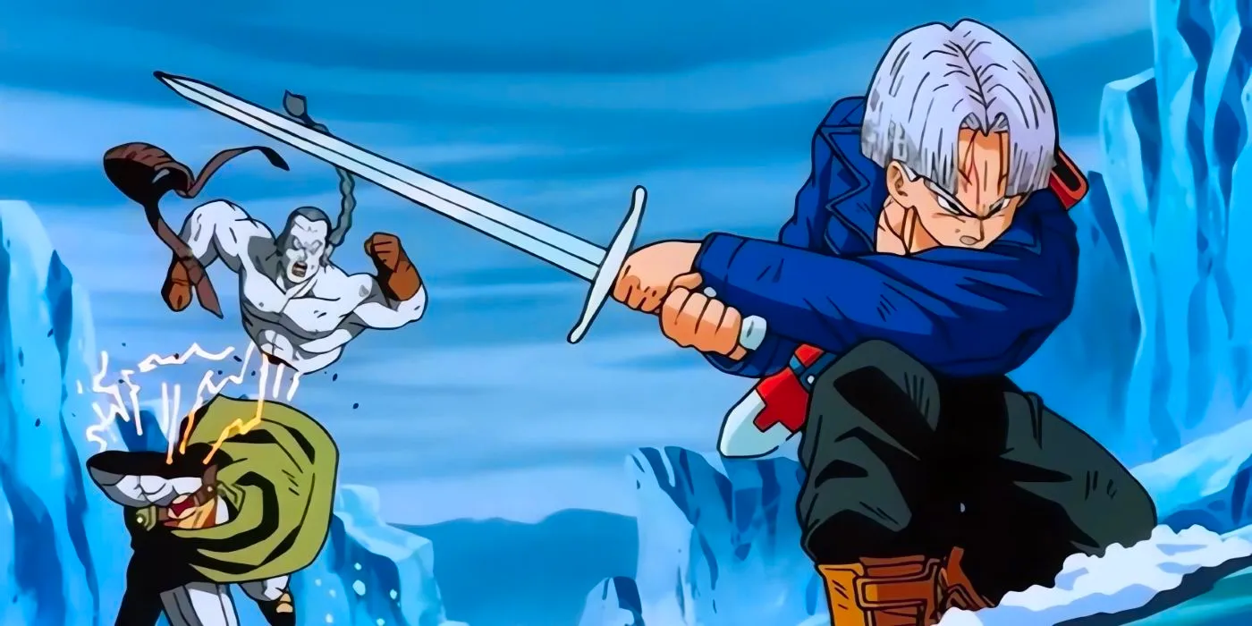 Future Trunks cuts one of Dr. Gero's Androids in half using his sword Image