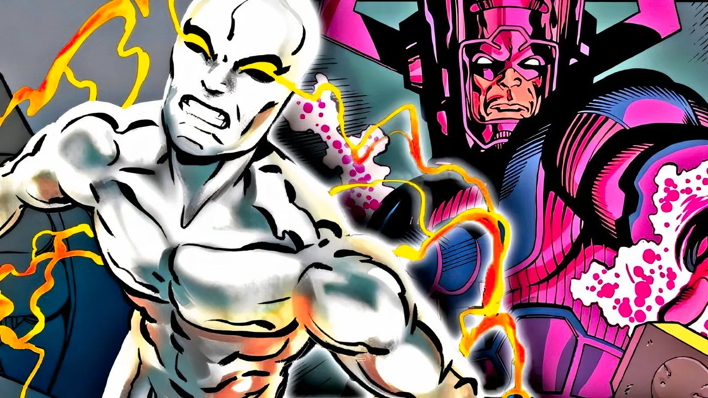 Galactus with Silver Surfer surging with power in the foreground. Image