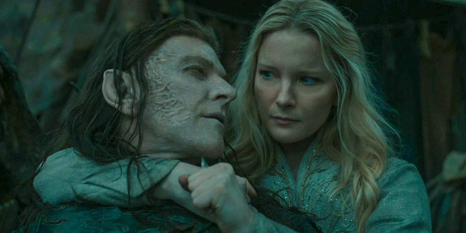 Galadriel holding a knife to Adar's throat in The Lord of the Rings: The Rings of Power Season 2 Episode 5 Image