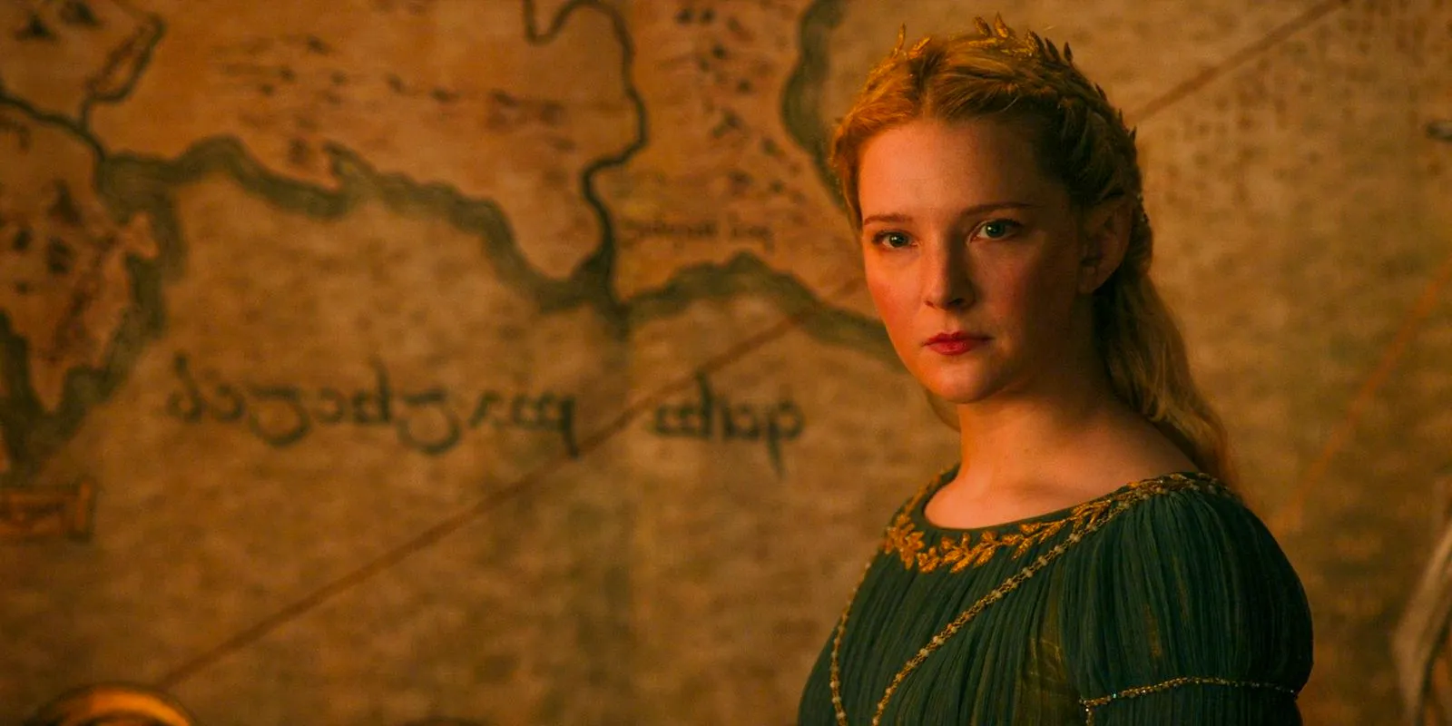 Galadriel in front of a map in The Lord of the Rings: The Rings of Power Season 2. Image