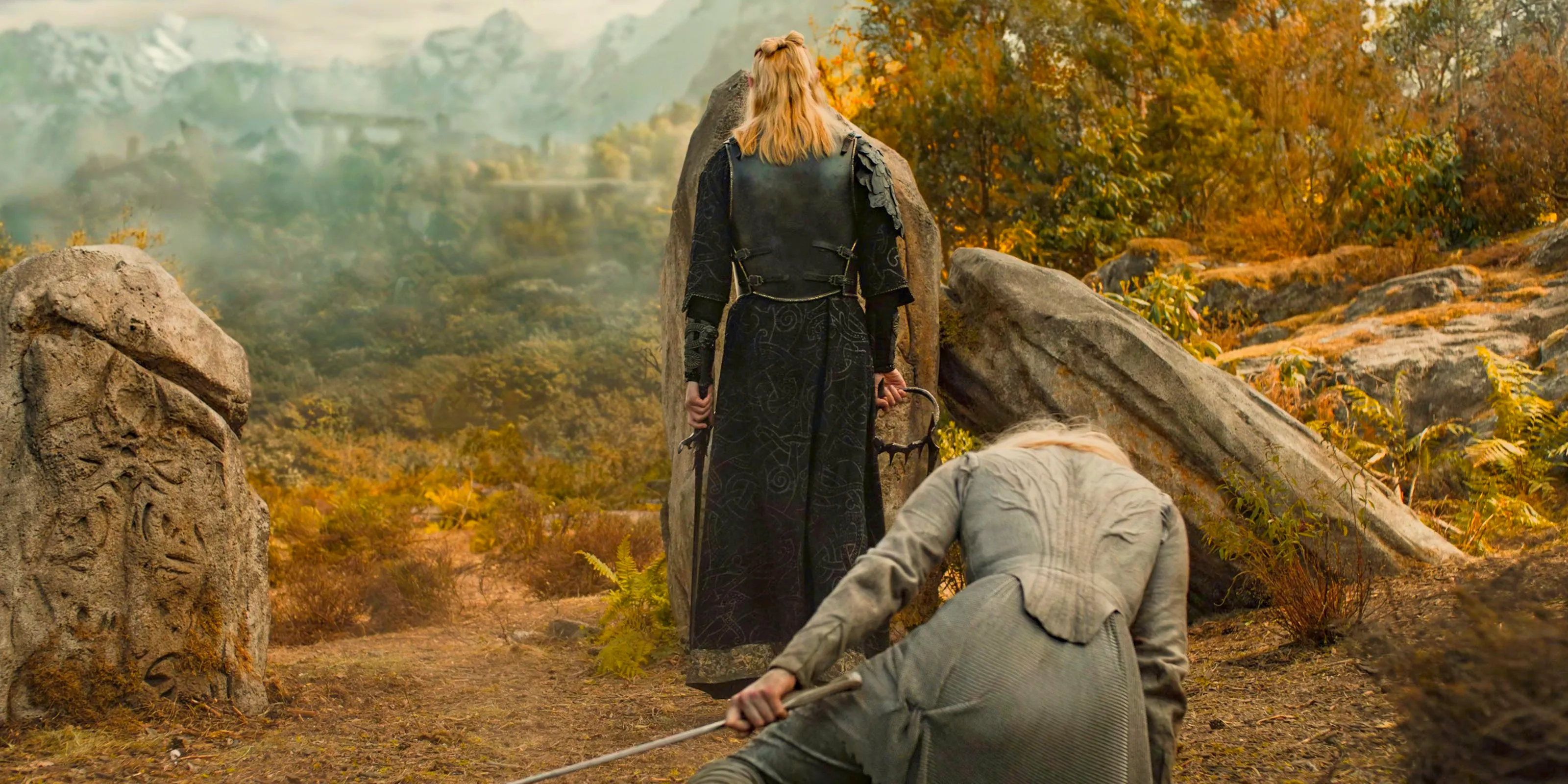 Galadriel is defeated by Sauron after fighting in The Lord of the Rings: The Rings of Power Season 2 Episode 8 Image