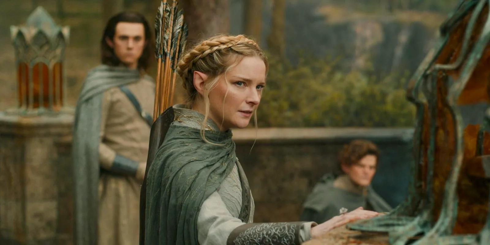 Galadriel (Morfydd Clark) pensive after having the vision that Sauron destroyed the bridge in The Lord of the Rings: The Rings of Power Season 2 Episode 4 Image