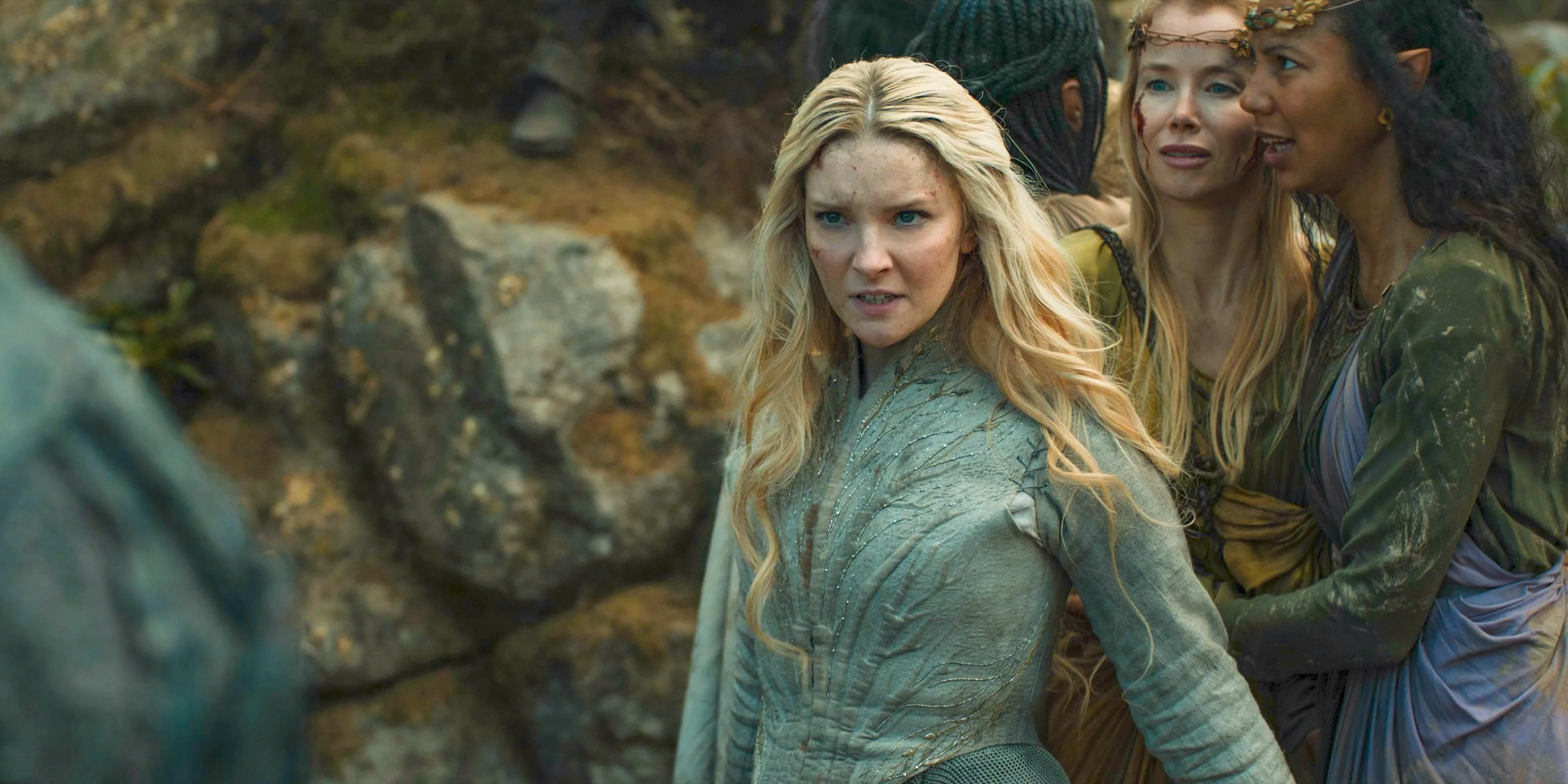 Galadriel (Morfydd Clark) protecting the elves from the Uruk in The Lord of the Rings: The Rings of Power Season 2 Episode 8 Image